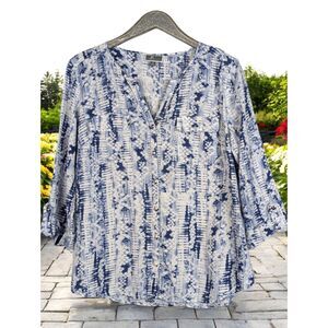 JM COLLECTION 100% Linen Button-Front Shirt Blue White 3/4 Sleeve Size 14